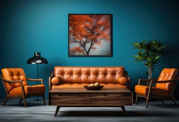 Cozy Living Room with Blue Wall and Autumn Tree Painting