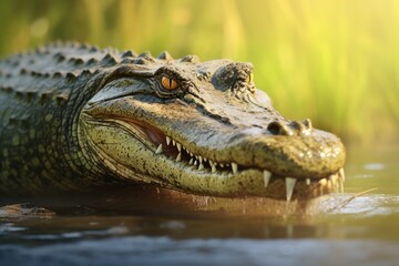 Obraz premium Predator Gaze: Close-up of a Crocodile's Eye Lurking in Water