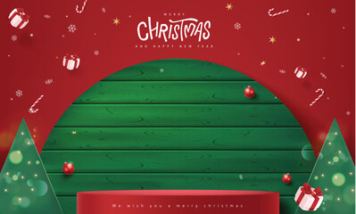 Merry Christmas banner with product display cylindrical shape and green wood frame backdrop and festive decoration for christmas