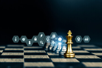 King chess with leadership strategy icons for wining challenge leader of team player or business...