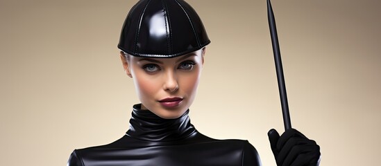 Attractive person wearing black latex attire and holding a riding crop. - obrazy, fototapety, plakaty