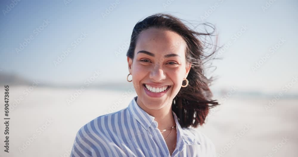 Poster Summer, holiday and face of happy woman on beach, vacation and relax in nature. Laughing, person and portrait with smile from travel, freedom and wellness in Brazil wind, outdoor and blue sky