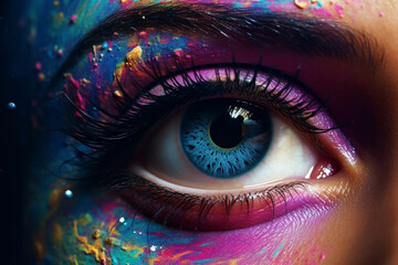 Beauty, fashion, style and make-up concept. Close-up woman eye view with colorful eyeshadow make-up. Surreal pop-art, fine-art style. Woman looking at camera - obrazy, fototapety, plakaty