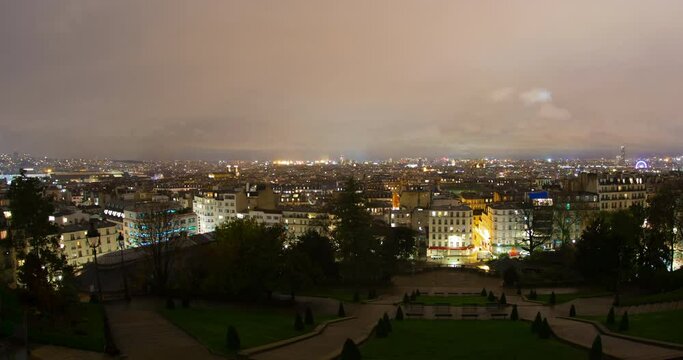Paris Cloudy City Skyline Night Timelapse 4K Pan