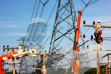 electrical engineer check planing with group of electric worker working on pole connected high...