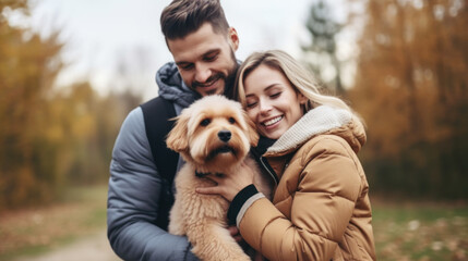 Beautiful couple cuddling and walking dogs outdoors in park