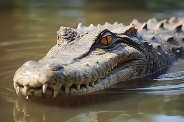 Obraz premium Predator Gaze: Close-up of a Crocodile's Eye Lurking in Water