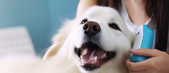 Dog's teeth are cleaned with an ultrasound device, resulting in perfectly white teeth. - obrazy, fototapety, plakaty