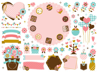 バレンタインのフレーム・チョコレート・花のイラストセット【文字なし】
