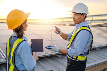 Electrical engineer installs solar panels in power station Renewable energy technology and sustainability Alternative energy for the future