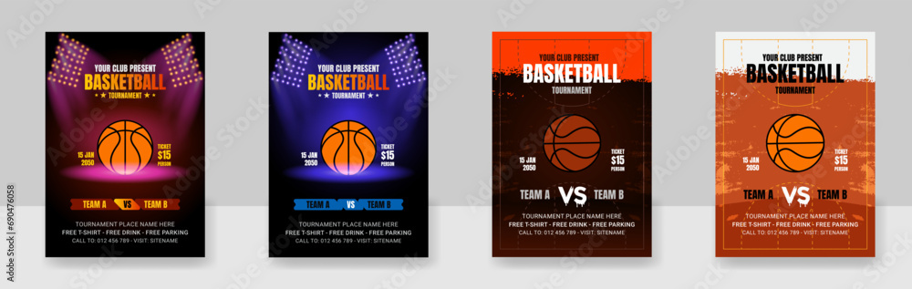 Wall mural a set of vector illustration of a poster template for a basketball tournament, an vector icon of a b