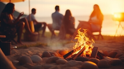 a group of happy young friends relaxing and enjoying summer evening around campfire on the river bank - obrazy, fototapety, plakaty