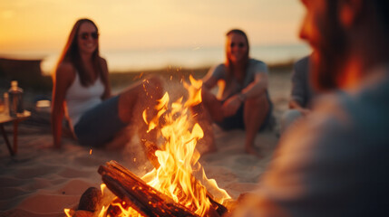 a group of happy young friends relaxing and enjoying summer evening around campfire on the river bank