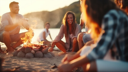 a group of happy young friends relaxing and enjoying summer evening around campfire on the river...