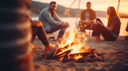 a group of happy young friends relaxing and enjoying summer evening around campfire on the river bank - Powered by Adobe