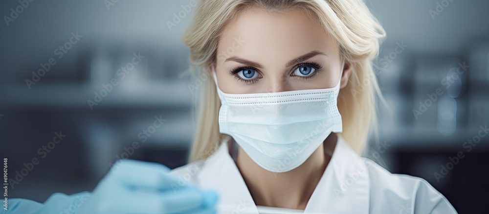 Sticker blond lab assistant in uniform, wearing gloves and mask, holding cotton swab in lab.