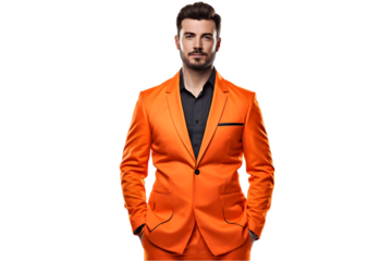 male car insurance agent in orange jumpsuit standing proudly isolated on white background. Generative Ai.