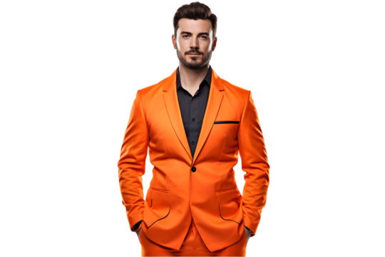 male car insurance agent in orange jumpsuit standing proudly isolated on white background. Generative Ai.