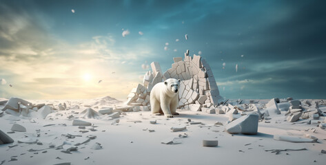 polar bear in the snow, bear in the sea, polar bear in global warming arctic 3D art