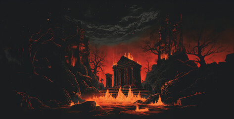Obraz premium Burning temple with lava and ruins in dark fantasy scene