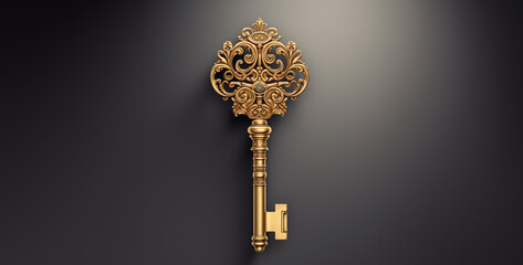 golden key on black background, Large very bold and thick golden key with gradient
