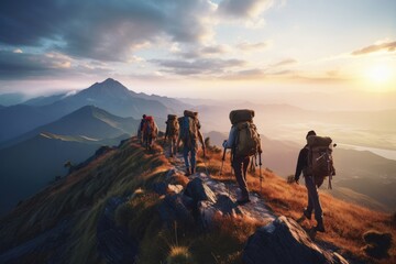 A group of hikers with backpacks walking on a mountain trail at sunrise - obrazy, fototapety, plakaty