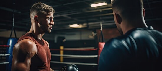 Young man training client in boxing gym.