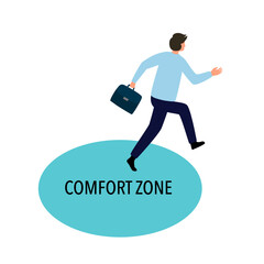 Businessman step out of comfort zone in flat design on white background.