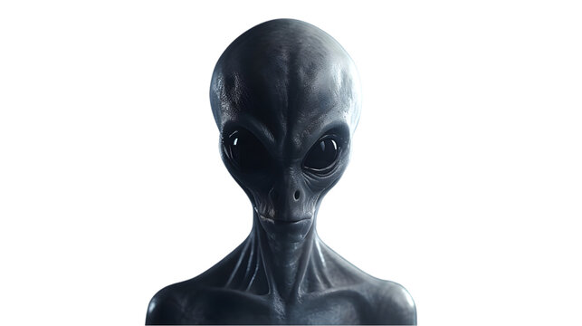 Scary gray alien walks and looks blinking on a dark smoky. Generative Ai.