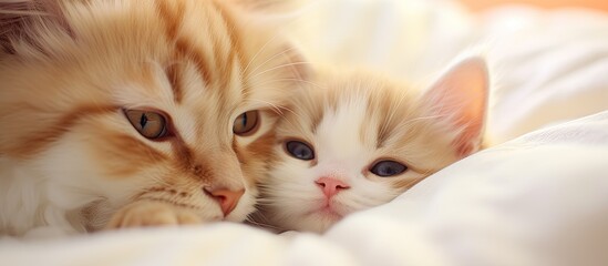 Funny cute picture of a baby cat, two weeks old, with its mother. - obrazy, fototapety, plakaty