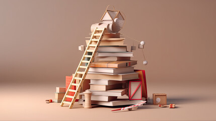 3d illustration of stacked books, a graduation cap and ladders for education day