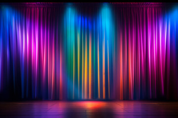 Neon light stage curtains, downstage and main valance of theatre - obrazy, fototapety, plakaty