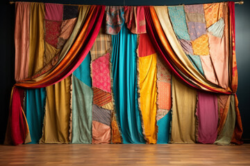 Patchwork stage curtains, downstage and main valance of theatre