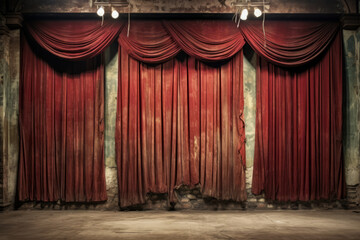 Abandoned warehouse stage curtains, downstage and main valance of theatre