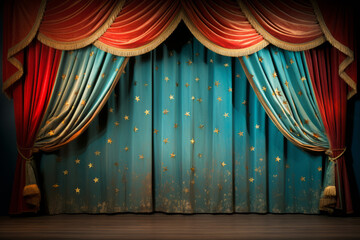 Whimsical stage curtains, downstage and main valance of theatre