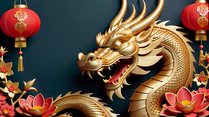 Gold dragon with flowers and lanterns on background. Chinese New Year 2024 banner. Created with AI