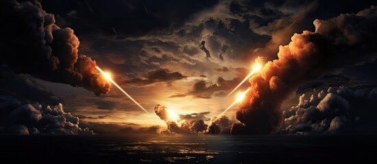 Launching rockets with fiery clouds at night, targeting the dark sky with warhead-equipped nuclear missiles.