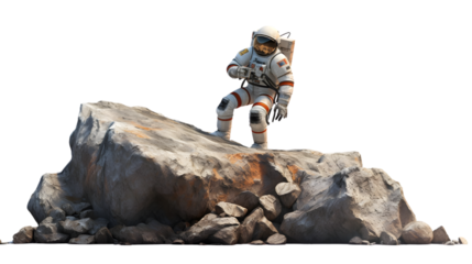 Spaceman on rock edge isolated on white background. Generative Ai.