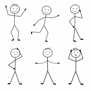 Stick man in different poses: standing, running, jumping, thinking, walking, pictogram, human figure in different poses, isolated on a white background