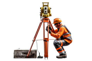 Surveyor builder Engineer with theodolite transit equipment at construction site outdoors during surveying work. Generative Ai.
