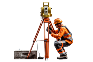 Surveyor builder Engineer with theodolite transit equipment at construction site outdoors during surveying work. Generative Ai.