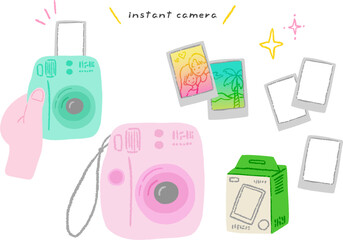Cute pastel colored instant camera and film, stylish hand-drawn illustration set / かわいいパステルカラーのインスタントカメラとフィルム、おしゃれな手描きイラストセット