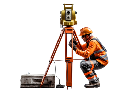Surveyor builder Engineer with theodolite transit equipment at construction site outdoors during surveying work. Generative Ai.