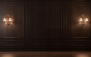 Dark brown wall mock up with copy space in classic style with wall lamps and brown parquet