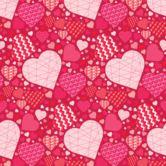 Seamless pattern with hearts in patchwork style in pink tones. Design for Valentine's Day.