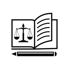 Law Book and Pen vector icon, Black and white.