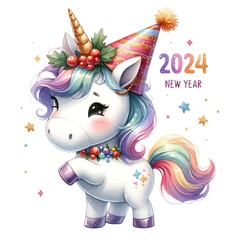 Watercolor Cute Unicorn Clipart, Celebrate the New Year Festival, Rainbow Clip Art Party, Kawaii Unicorn Png