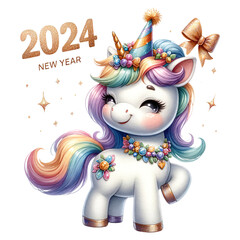 Obraz na płótnie Canvas Watercolor Cute Unicorn Clipart, Celebrate the New Year Festival, Rainbow Clip Art Party, Kawaii Unicorn Png