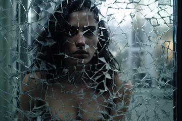 the girl is sitting in a bathroom showing smashed broken glass - obrazy, fototapety, plakaty