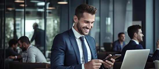 Naklejka na ściany i meble Happy corporate employee in formal attire enjoying online communication in group office chat, successful businessman browsing entertaining website during work break.